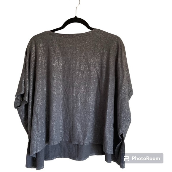 Eileen Fisher Sz XL Silver Gray Metallic Linen Top Blouse Short Sleeve High Low - Picture 5 of 9